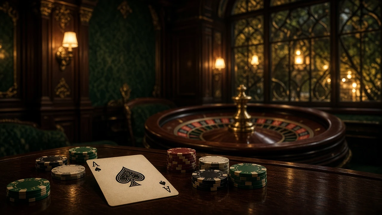 Casino chips and roulette wheel on a polished table in a dim British lounge