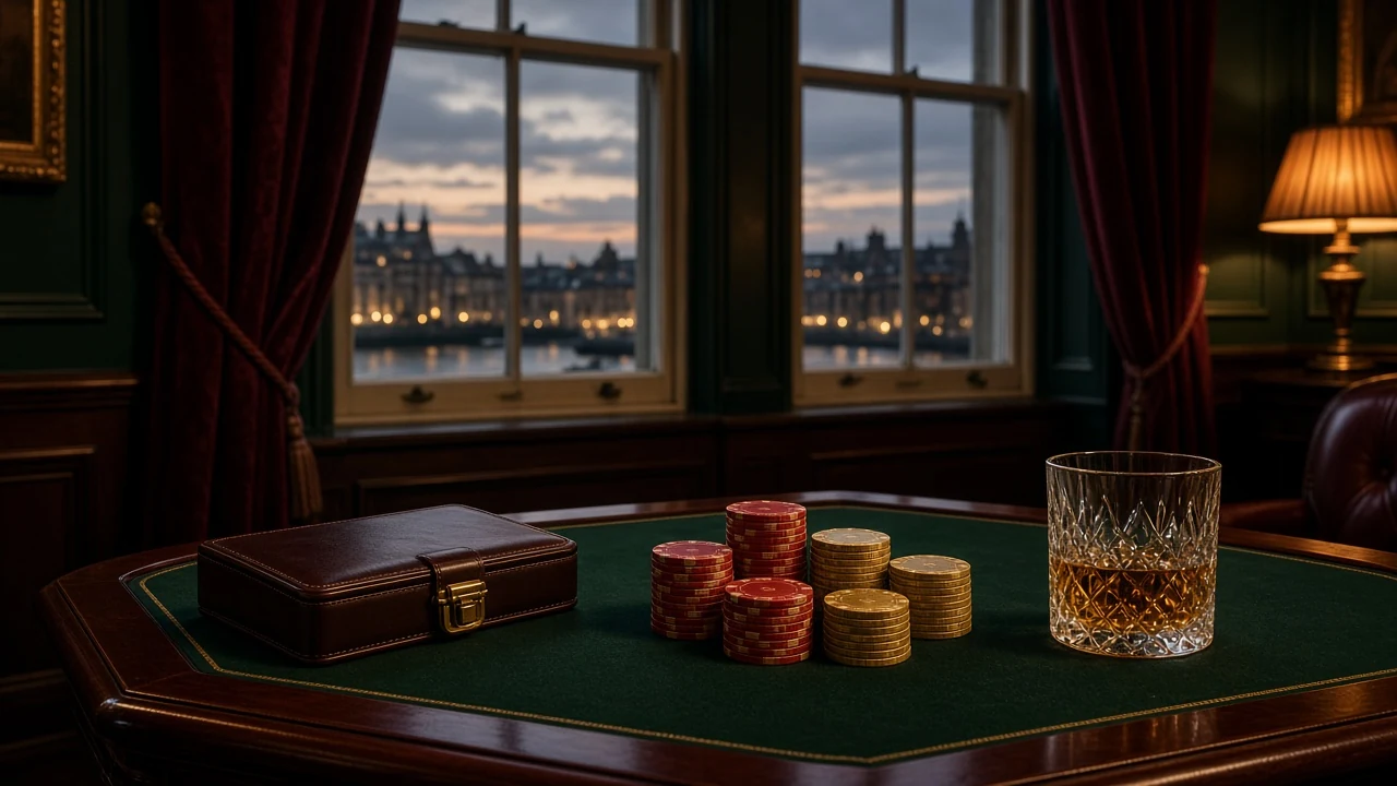 London private club gaming table with chips and whisky at dusk