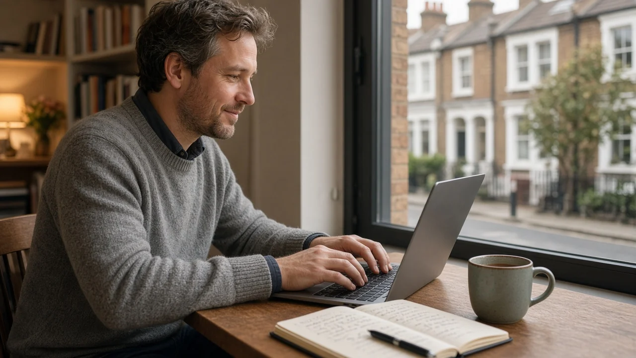 British editor typing at a desk with tea, welcoming contact scene