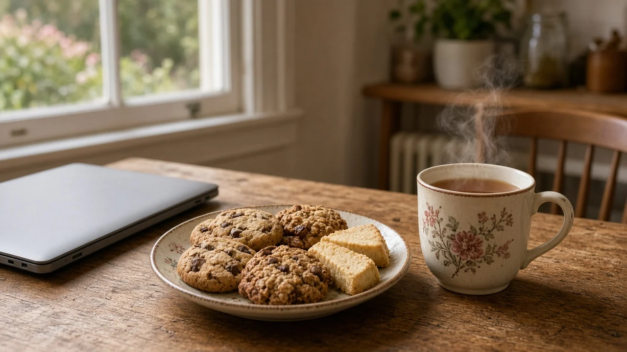 Plate of assorted cookies beside a teacup and closed laptop on a wooden table.