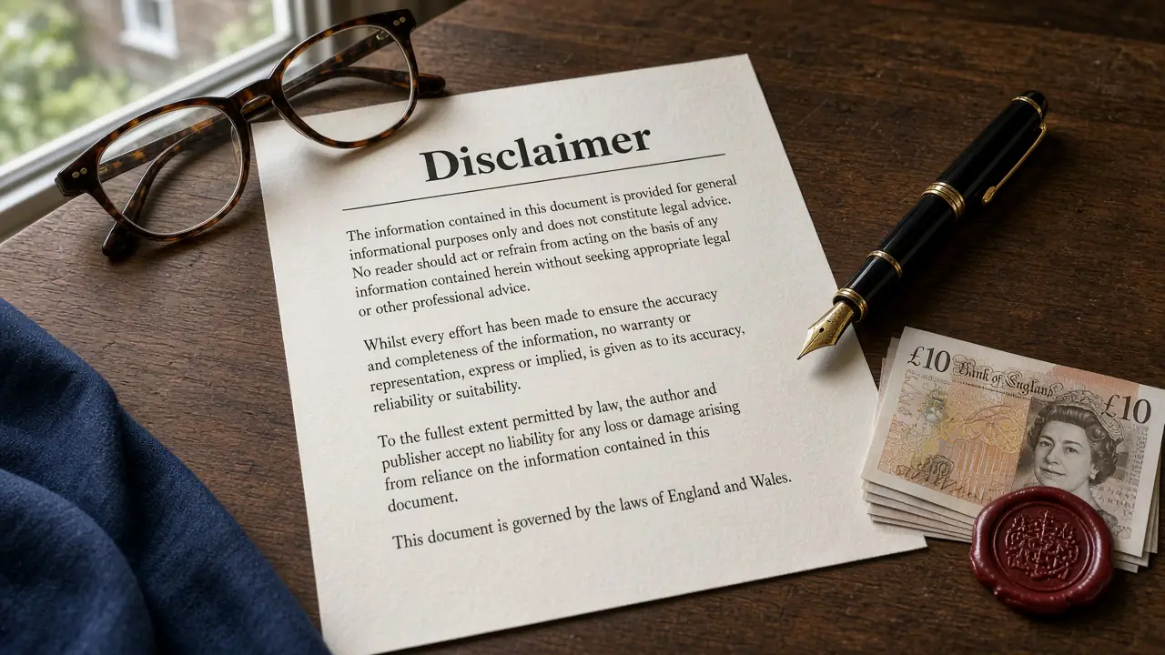 Flat-lay photograph of a printed disclaimer document, glasses, pen, and pound notes on a dark wooden desk.