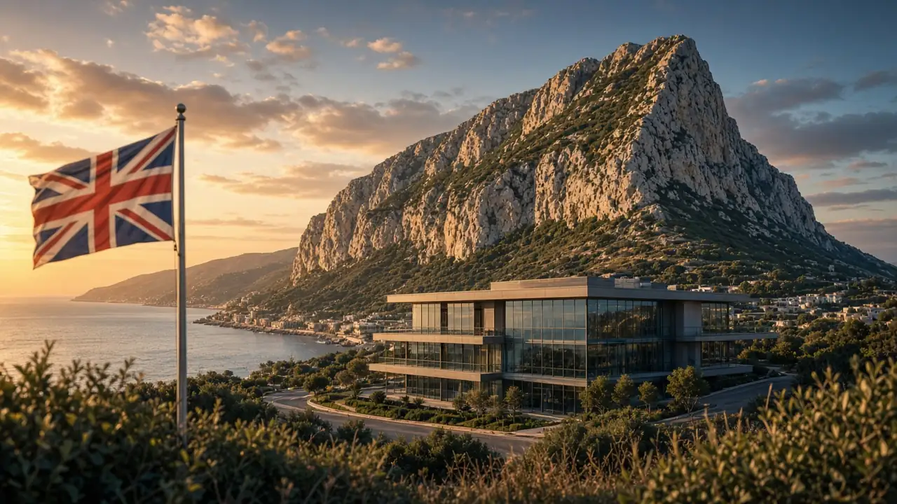 Rock of Gibraltar with British flag and coastal office building at sunset