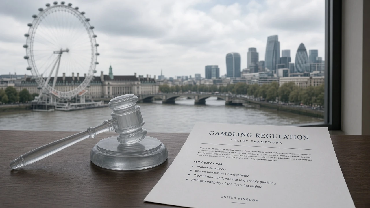 London skyline with Thames and a gavel symbolising UK gambling regulation