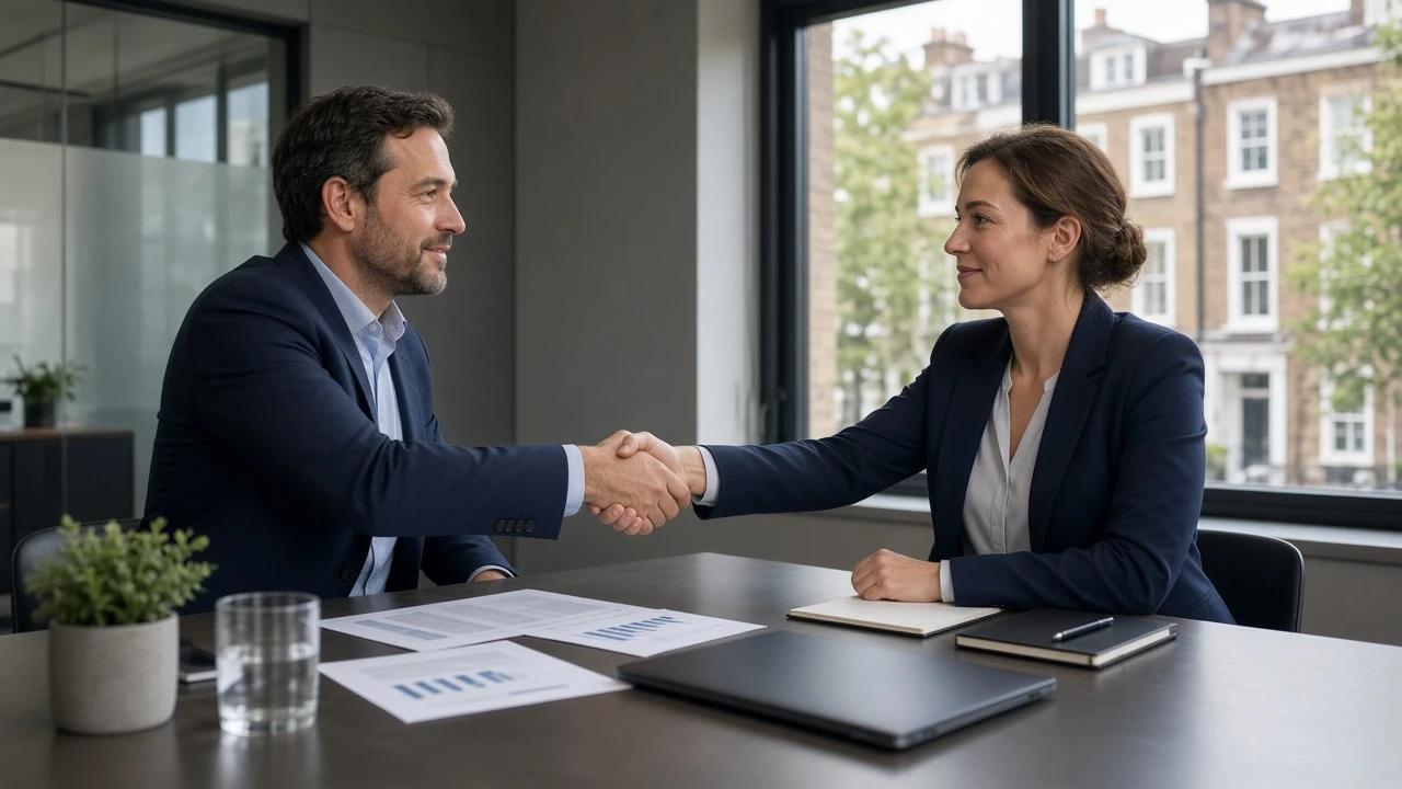 Two professionals shaking hands in a London office representing a casino partnership