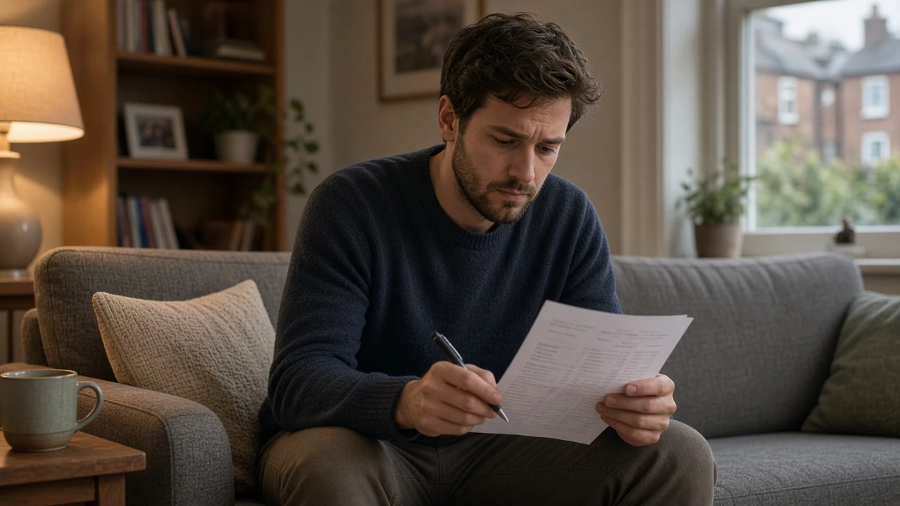 A person reviewing a bank statement while budgeting on a sofa