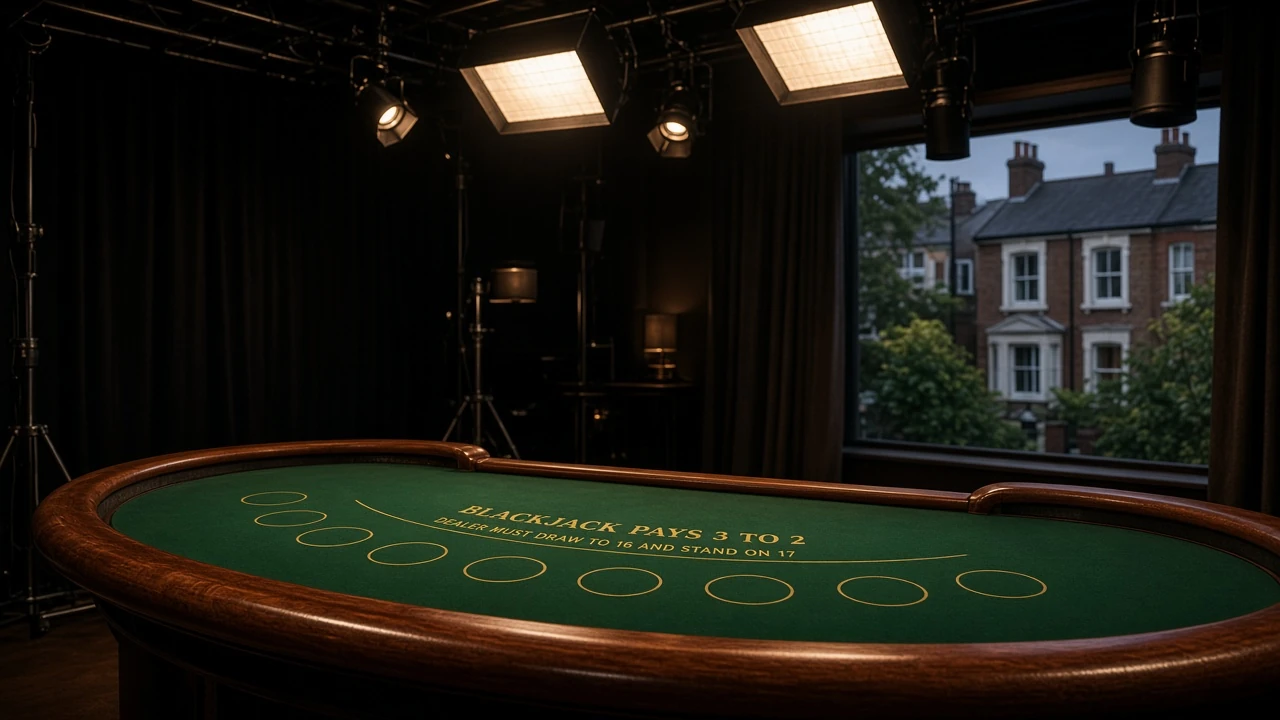 An empty live-dealer studio with a green casino table under studio lights