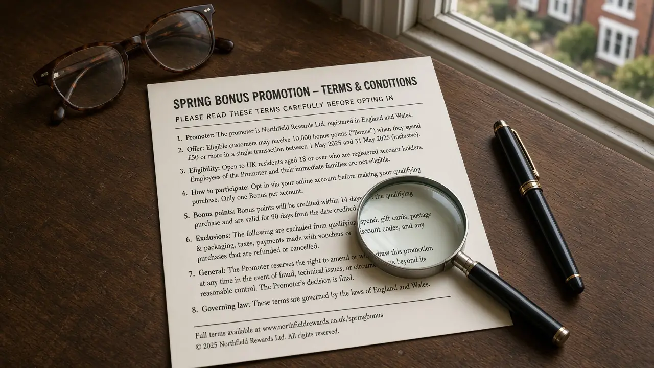 Printed bonus terms with reading glasses and a magnifying glass on a desk
