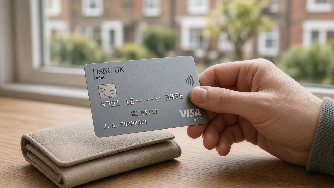 A hand holding a debit card above a wallet on a wooden table