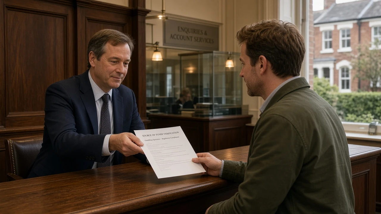 A banker handing documents to a customer in a British bank branch