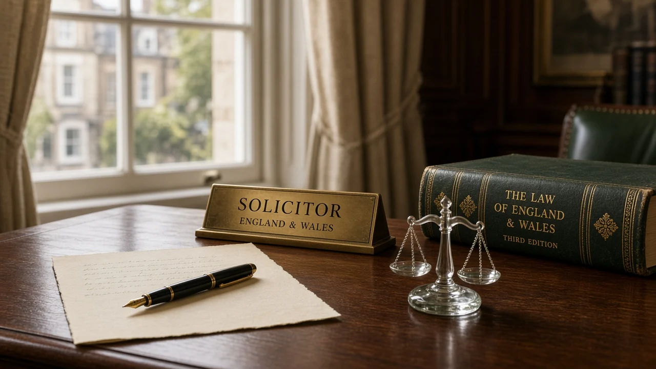 A traditional British solicitor's desk with parchment, fountain pen, and a law book.
