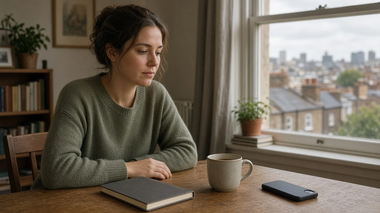 Person pausing thoughtfully with tea and closed notebook, phone face-down, mindful self-control.