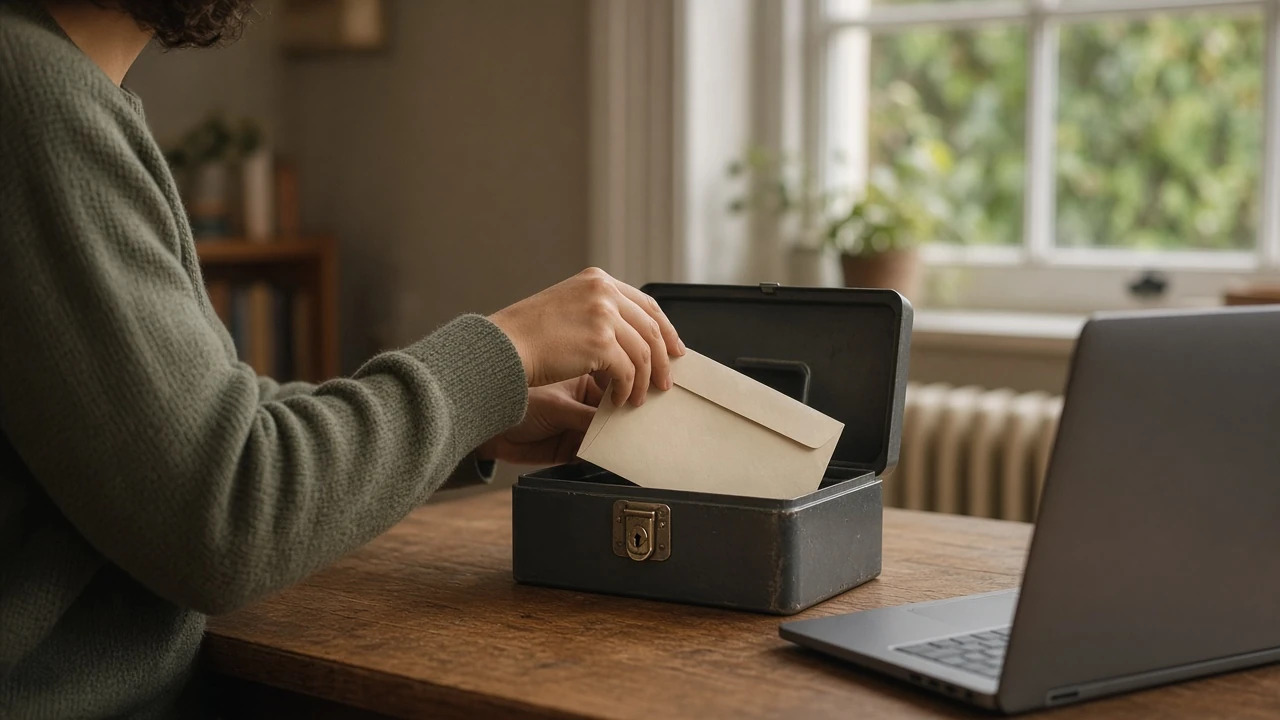 Person securing a sealed envelope into a locked box on a wooden desk in a softly lit office.