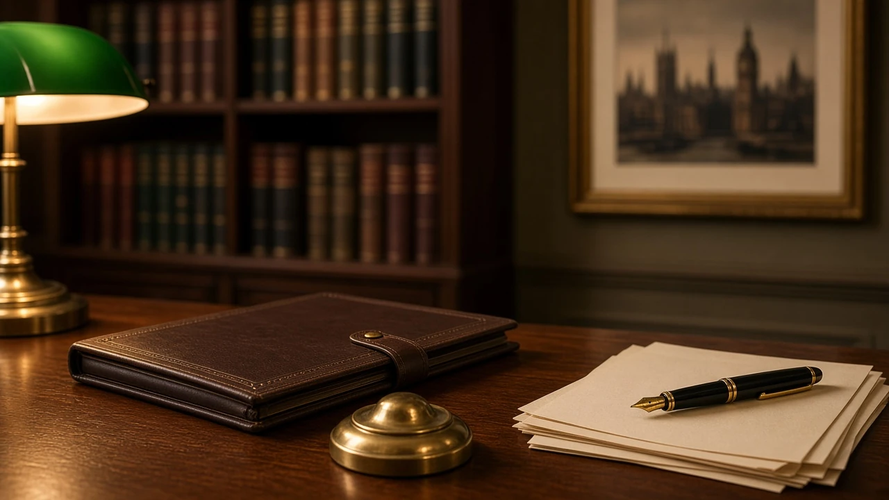 Formal British study desk with closed legal document folder and fountain pen